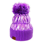 Women's Winter Cozy Puffer Knit Pom Glossy Beanie Hat